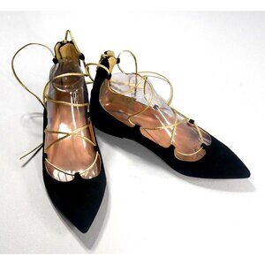 J Crew Black Suede Ballet Flats Gold Lace Up Shoes Back Zip Womens Size 8.5 New